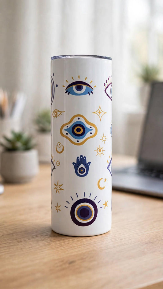 20 oz Stainless Steel Tumbler with Straw and Brush, Evil Eye & Floral Finjan Insulated Coffee Cup, Hot and Cold Travel Mug