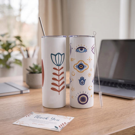 20 oz Stainless Steel Tumbler with Straw and Brush, Evil Eye & Floral Finjan Insulated Coffee Cup, Hot and Cold Travel Mug